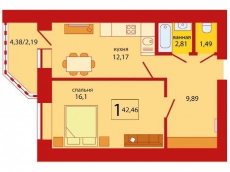 1к - квартира, 42.5 м², 6/16 эт.
